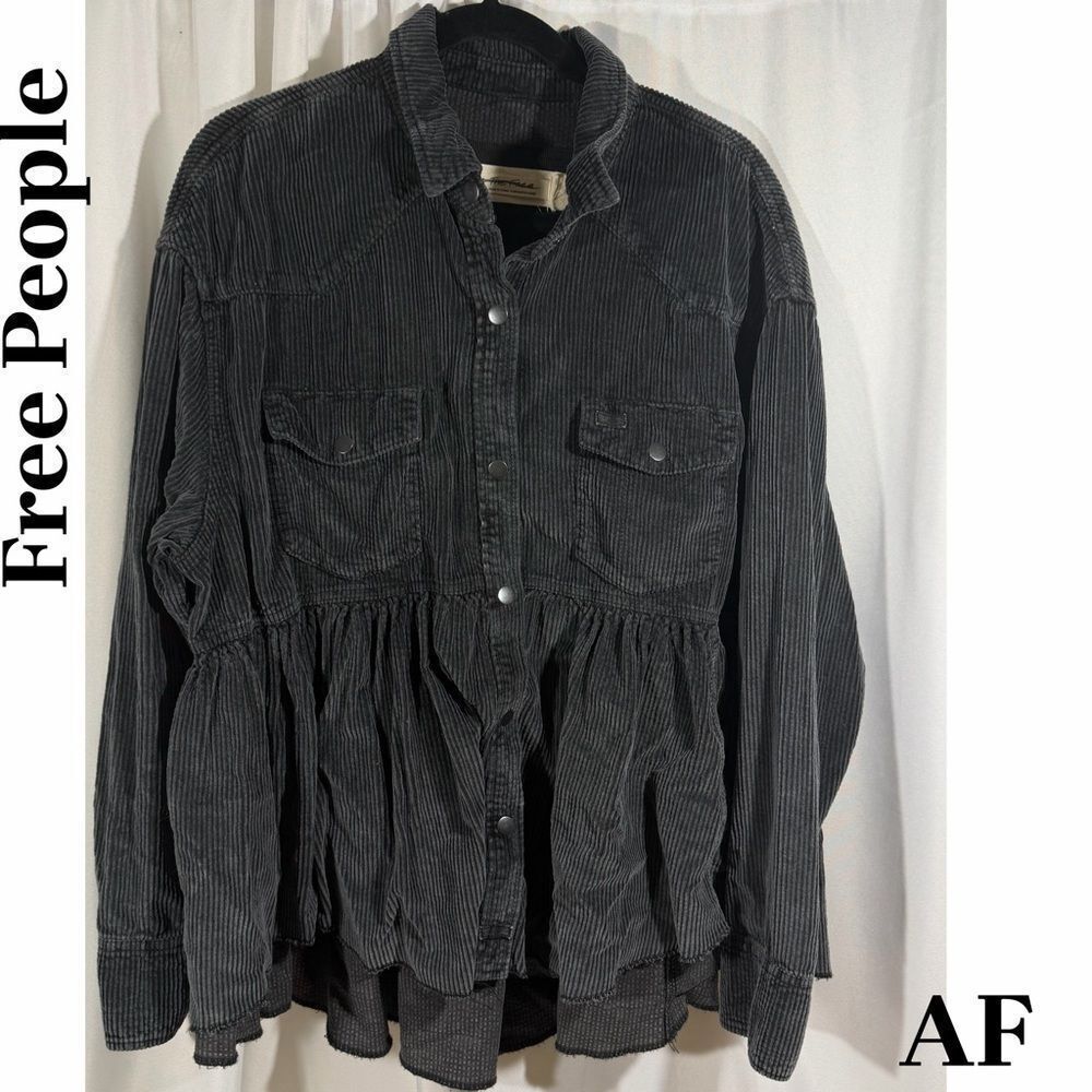 Free People Women's Dark Gray Corduroy Peplum Shacket Large New - Picture 3 of 4